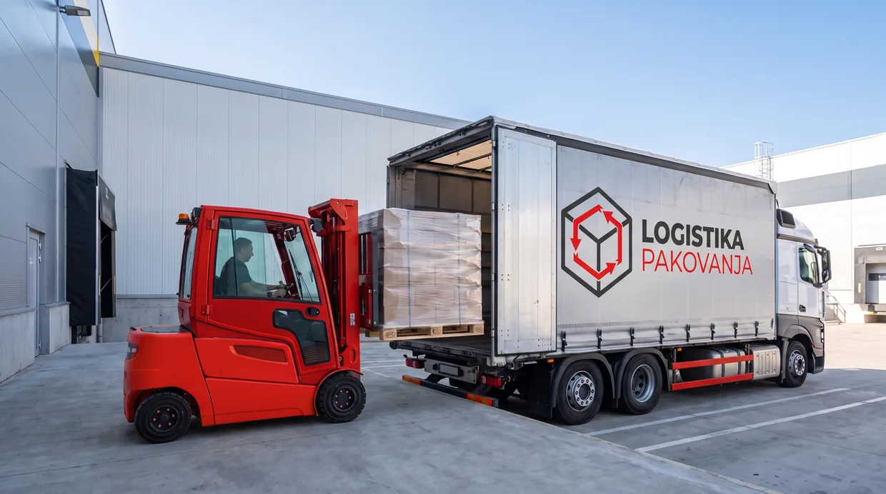 Viljuškar utovara palete u kamion Logistika pakovanja